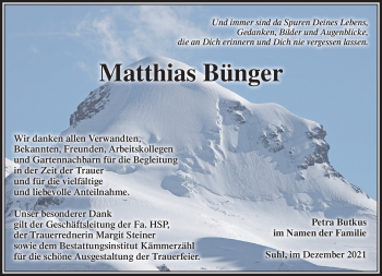 Traueranzeige von Matthias Bünger von Südthüringer Presse