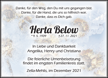 Traueranzeige von Herta Below von Südthüringer Presse