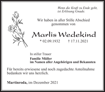 Traueranzeige von Marlis Wedekind von Südthüringer Presse