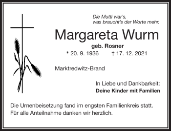 Traueranzeige von Margareta Wurm von Frankenpost
