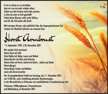 Traueranzeige von Horst Armbrust von Südthüringer Presse