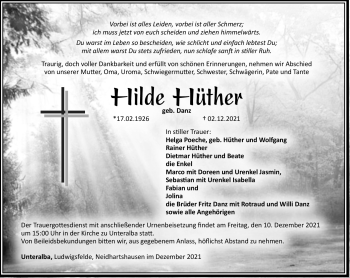 Traueranzeige von Hilde Hüther von Südthüringer Presse