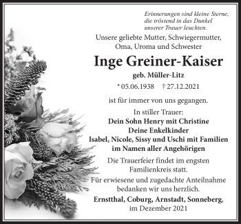 Traueranzeige von Inge Greiner-Kaiser von Südthüringer Presse