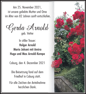 Traueranzeige von Gerda Arnold von Neue Presse Coburg