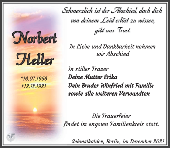 Traueranzeige von Norbert Heller von Südthüringer Presse