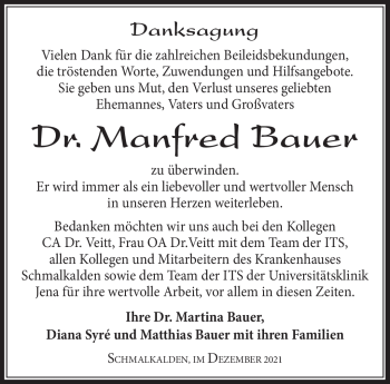 Traueranzeige von Manfred Bauer von Südthüringer Presse