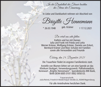 Traueranzeige von Brigitte Hennemann von Neue Presse Coburg