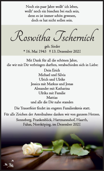 Traueranzeige von Roswitha Tschernich von Südthüringer Presse