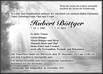 Traueranzeige von Hubert Böttger von Südthüringer Presse