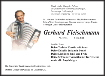 Traueranzeige von Gerhard Fleischmann von Südthüringer Presse