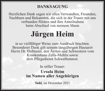 Traueranzeige von Jürgen Heim von Südthüringer Presse