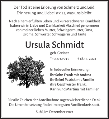 Traueranzeige von Ursula Schmidt von Südthüringer Presse