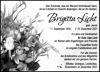 Traueranzeige von Brigitta Licht von Südthüringer Presse