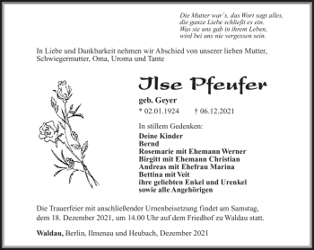 Traueranzeige von Ilse Pfeufer von Südthüringer Presse