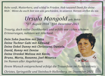Traueranzeige von Ursula Mangold von Südthüringer Presse