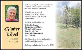 Traueranzeige von Günter Töpel von Südthüringer Presse