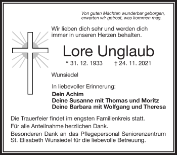 Traueranzeige von Lore Unglaub von Frankenpost