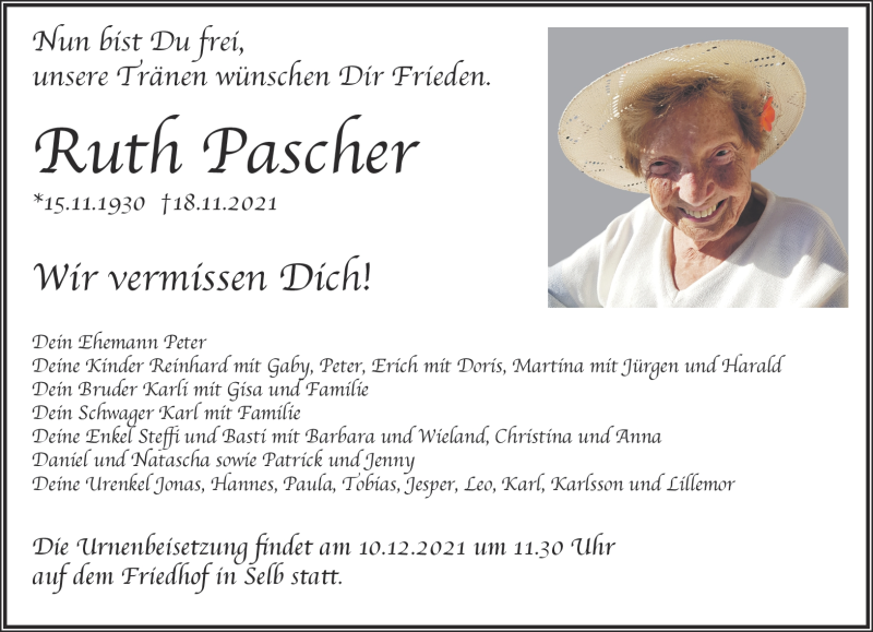  Traueranzeige für Ruth Pascher vom 08.12.2021 aus Frankenpost