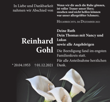 Traueranzeige von Reinhard Gohl von Frankenpost