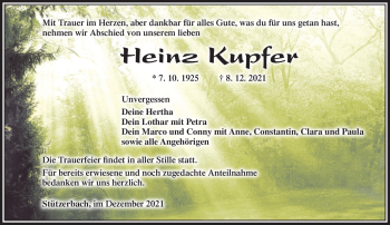 Traueranzeige von Heinz Kupfer von Südthüringer Presse