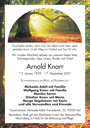 Traueranzeige von Arnold Knarr von Frankenpost