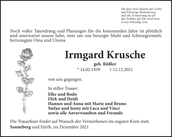 Traueranzeige von Irmgard Krusche von Südthüringer Presse