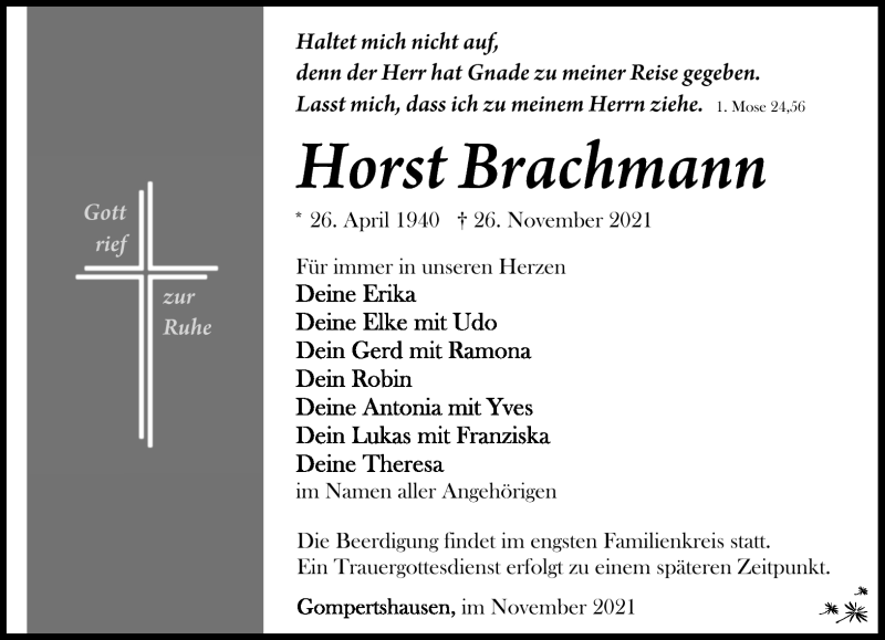  Traueranzeige für Horst Bachmann vom 01.12.2021 aus Südthüringer Presse