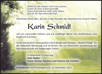 Traueranzeige von Karin Schmidt von Südthüringer Presse