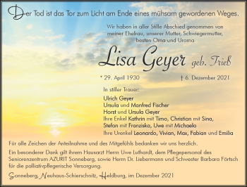 Traueranzeige von Lisa Geyer von Südthüringer Presse
