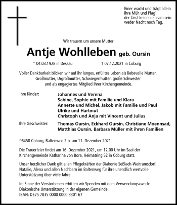 Traueranzeige von Antje Wohlleben von Neue Presse Coburg