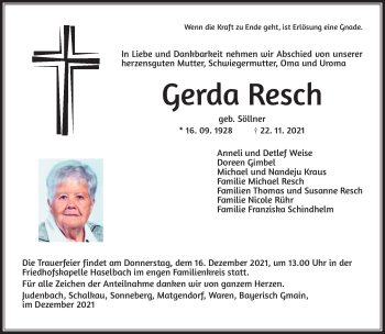 Traueranzeige von Gerda Resch von Südthüringer Presse