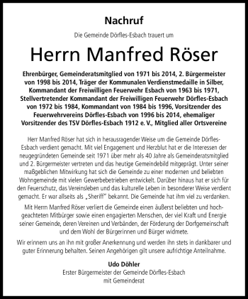 Traueranzeige von Manfred Röser von Neue Presse Coburg