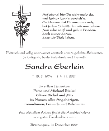Traueranzeige von Sandr Eberlein von Südthüringer Presse
