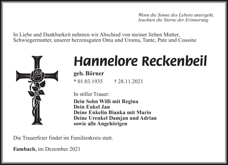  Traueranzeige für Hannelore Reckenbeil vom 02.12.2021 aus Südthüringer Presse
