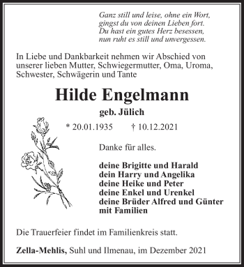 Traueranzeige von Hilde Engelmann von Südthüringer Presse