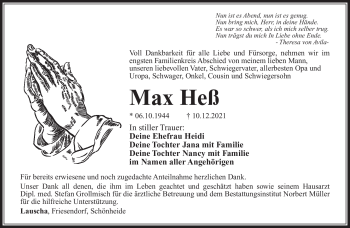 Traueranzeige von Max Heß von Südthüringer Presse