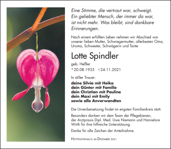 Traueranzeige von Lotte Spindler von Südthüringer Presse