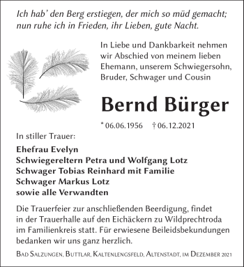 Traueranzeige von Bernd Bürger von Südthüringer Presse