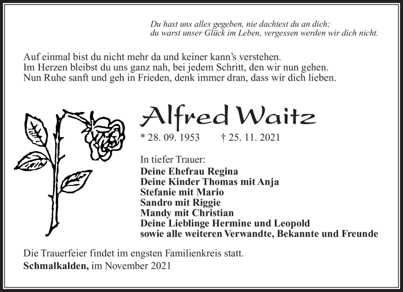  Traueranzeige für Alfred Waitz vom 01.12.2021 aus Südthüringer Presse