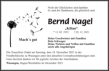 Traueranzeige von Bernd Nagel von Südthüringer Presse