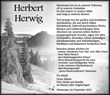 Traueranzeige von Herbert Herwig von Südthüringer Presse