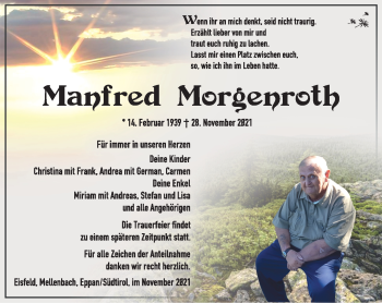 Traueranzeige von Manfred Morgenroth von Südthüringer Presse