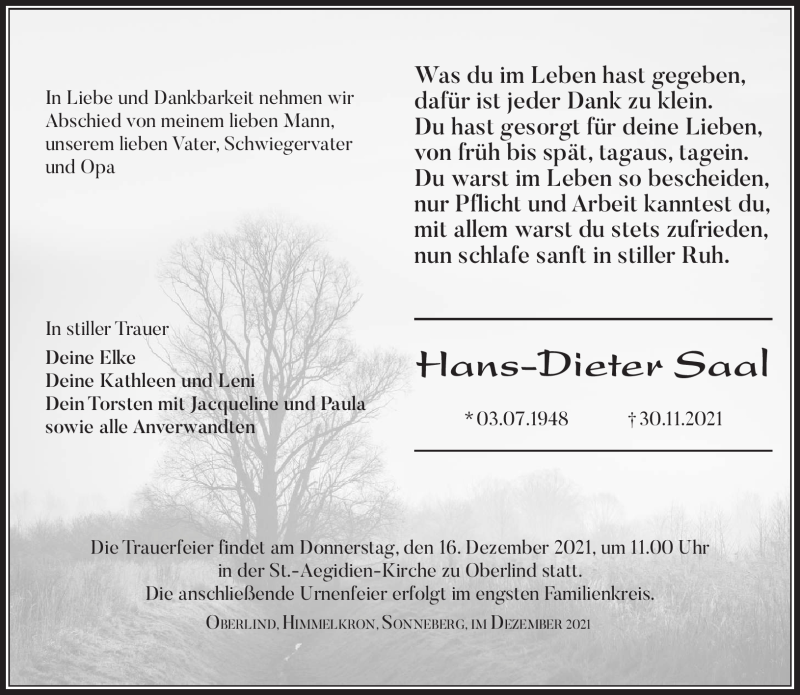  Traueranzeige für Hans-Dieter Saal vom 11.12.2021 aus Südthüringer Presse