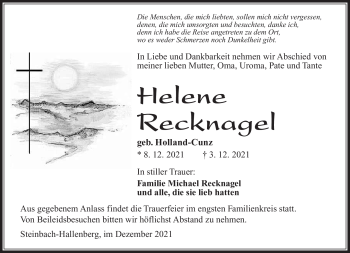 Traueranzeige von Helene Recknagel von Südthüringer Presse