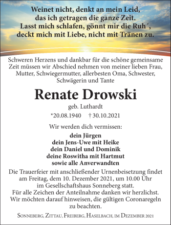 Traueranzeige von Renate Drowski von Südthüringer Presse