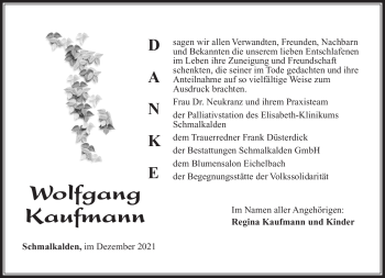 Traueranzeige von Wolfgang Kaufmann von Südthüringer Presse