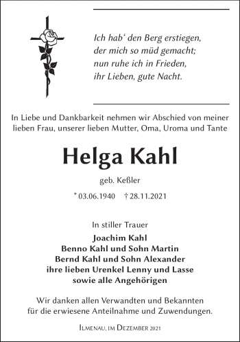 Traueranzeige von Helga Kahl von Südthüringer Presse