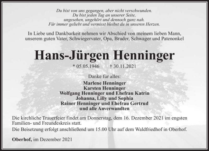  Traueranzeige für Hans-Jürgen Henninger vom 11.12.2021 aus Südthüringer Presse