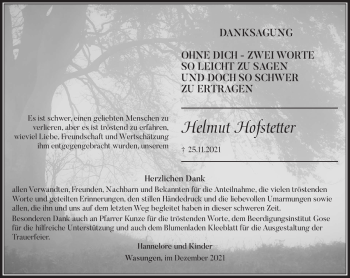 Traueranzeige von Helmut Hofstetter von Südthüringer Presse