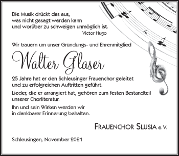 Traueranzeige von Walter Glaser von Südthüringer Presse